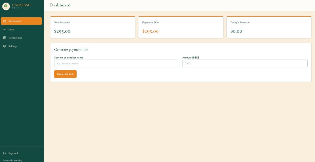 Calabash Studio payments dashboard showing invoices and payment links